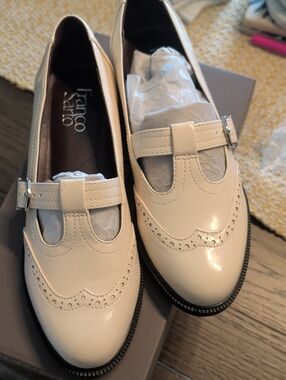 Franco Sarto Cream Patent Mary Jane Brogues